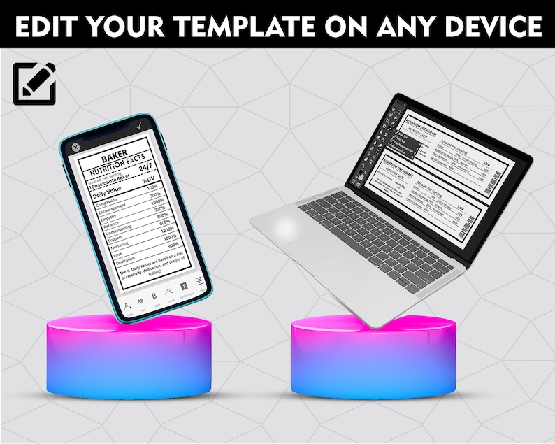 May include: A mockup of a phone and a laptop computer, both displaying a template with text and a checkmark. The phone and laptop are floating above a pink and blue gradient cylinder.
