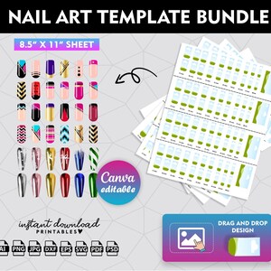 May include: A bundle of printable nail art templates featuring 8.5 x 11 inch sheets with various nail designs. The templates are editable in Canva and include drag and drop functionality. The designs include geometric patterns, stripes, and abstract shapes in a variety of colours.