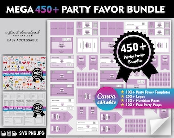 May include: A digital download bundle of 450+ party favor templates, 200+ logos, 150+ nutrition facts, and 100+ free party props. The bundle is editable in Canva and includes a variety of designs in pink and white.