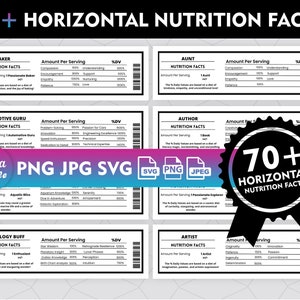 May include: A black and white graphic design with the text "70+ Horizontal Nutrition Facts". The graphic design is a circle with a white border and black text. The graphic design is surrounded by a white background with black text. The text is in a bold, sans-serif font. The graphic design is a visual representation of a nutrition facts label.