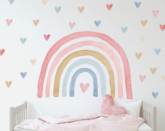 Wall Sticker Rainbow Watercolor Removable plus colorful hearts, Kids place, Rainbows, Rainbow decor, Colorful Rainbow, hearts decals A128