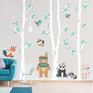 Stickers Indians Animals And Birches, kids room decor, wall sticker, decorative animals, cute stickers, birches sticker, trees, kids animals