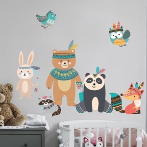 Sticker Tribal Indians, Indians Animals, kids room decor, indian bear, panda, hare, raccoon, birds, cute sticker, decorative animals A135