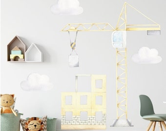 Aufkleber Baustelle - Kräne, Gebäude, Wolken, Kinderzimmer Dekor, Jungenzimmer Dekor, Baumaschinen, Aufkleber Set, A5XLD