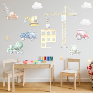 Construction Site Stickers - Excavator, Truck, Roller, Crane, kids room decor, boy room, vehicles, bulid, tractor, building, boys decor, A5L