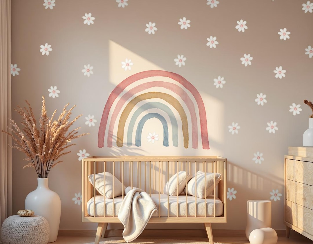 Boho Baby Room Wall Art – Watercolor Rainbow and Floral Nursery Decor ...