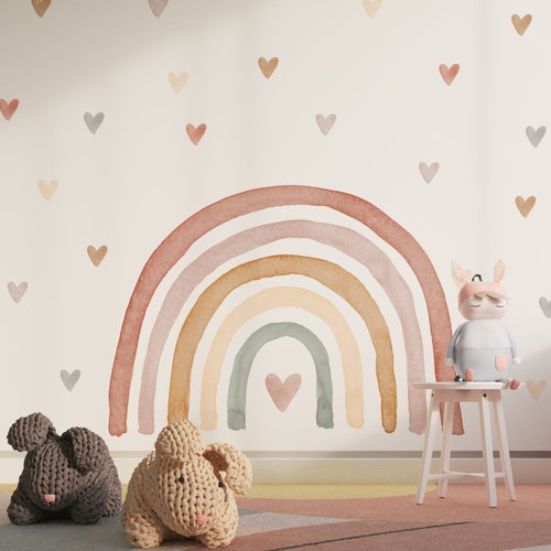 Wandtattoo Abnehmbares Regenbogen-Aquarell-Herzen, Kinderzimmer, Regenbogen, Regenbogen-Dekor, bunter Regenbogen, Kinderzimmer A61