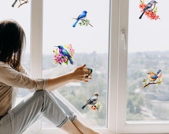 Watercolor Bird Window Clings, Reusable Spring Glass Decor, Double Sided Stickers W1
