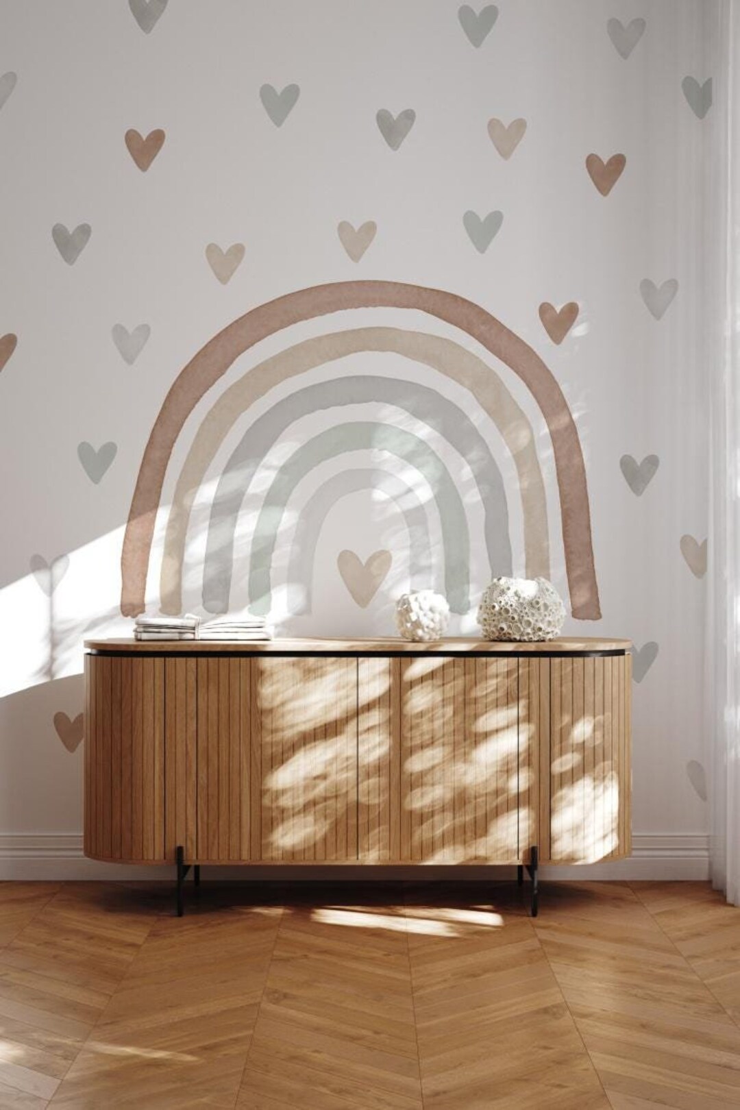 Boho Wall Sticker Rainbow Watercolor Removable Plus Colorful Hearts ...