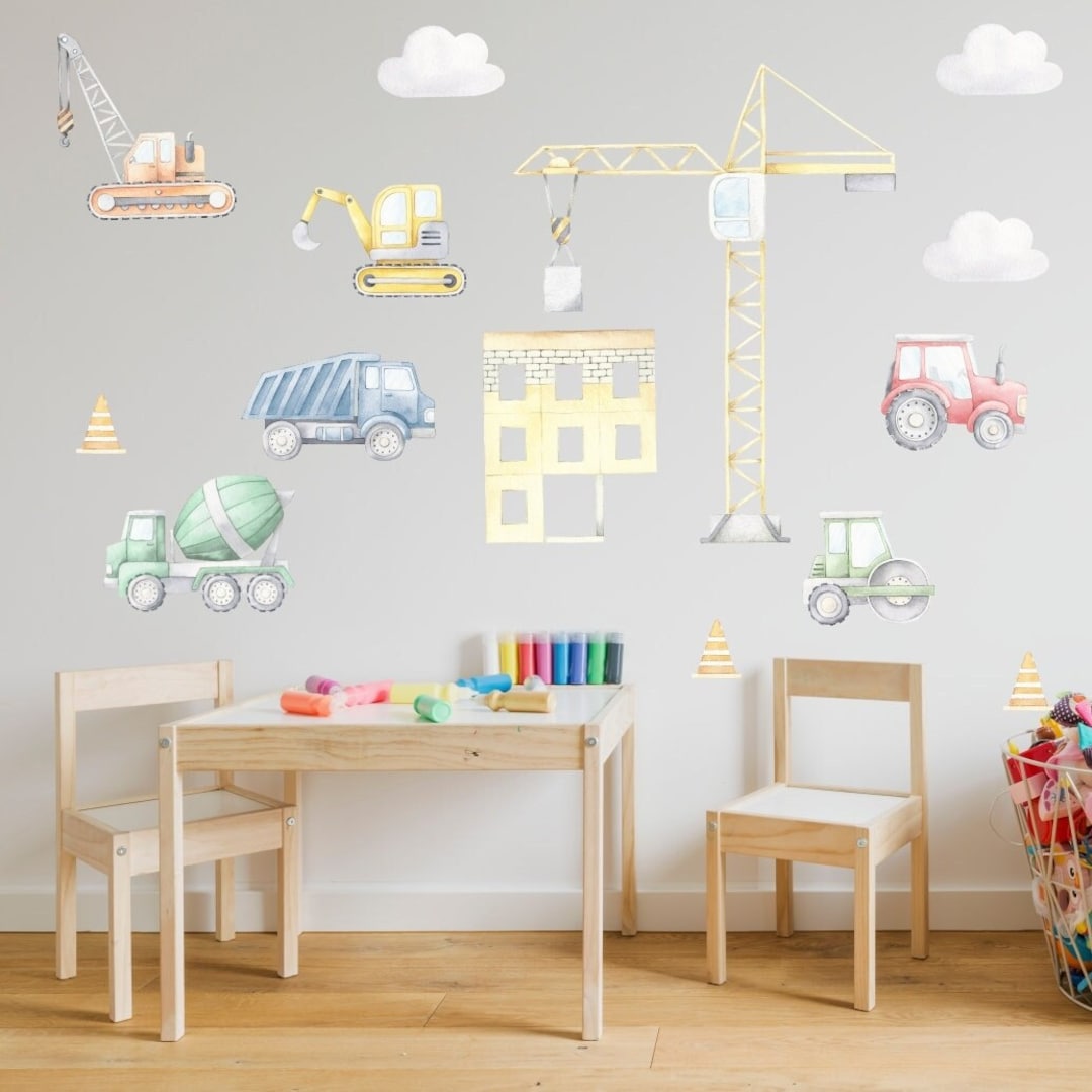 Construction Site Stickers Excavator, Truck, Roller, Crane, Kids Room
