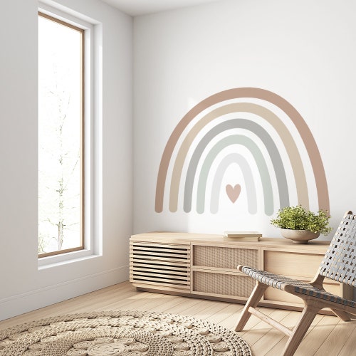Vinilo decorativo de pared con arcoíris y corazón, colores neutros, estilo boho, removible, A73