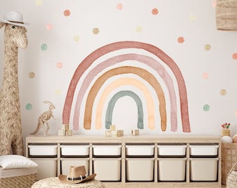 Etiqueta de la pared Arco iris acuarela Puntos boho extraíbles y acuarela, Decoración de la habitación de los niños, Lugar de los niños, Arco iris, Decoración del arco iris A59