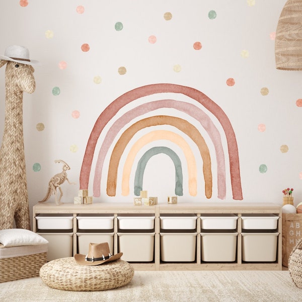 Wandaufkleber Regenbogen-Aquarell, abnehmbar und Aquarell-Boho-Punkte, Kinderzimmer-Dekor, Kinderzimmer, Regenbogen, Regenbogen-Dekor A59