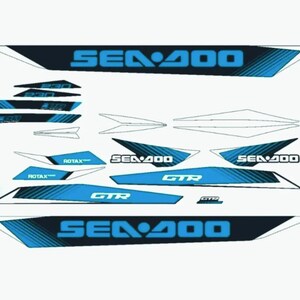 May include: A set of black and blue Sea-Doo decals with the text "Sea-Doo", "ROTAX", and "GTR".
