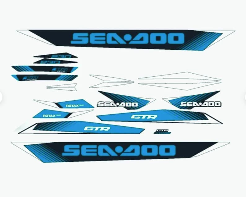 May include: A set of black and blue Sea-Doo decals with the text "Sea-Doo", "ROTAX", and "GTR".