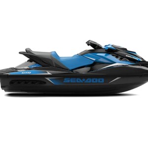 May include: A black and blue Sea-Doo GTR jet ski with the Sea-Doo logo on the side.