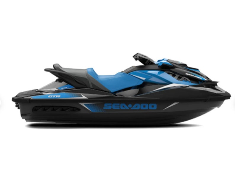 May include: A black and blue Sea-Doo GTR jet ski with the Sea-Doo logo on the side.