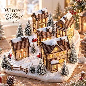 May include: A miniature winter village display featuring several wooden houses with illuminated windows, snow-covered roofs, and small evergreen trees. A signpost reads Let it Snow. The text Winter Village is visible in the upper left corner.