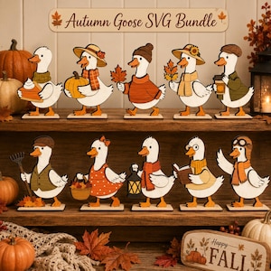 May include: A collection of ten wooden goose figurines arranged on two shelves, each featuring different autumn-themed accessories like pumpkins, scarves, hats, lanterns, and books. The top sign reads Autumn Goose SVG Bundle.