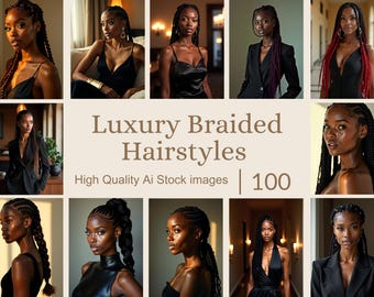 Könnte beinhalten: Eine Collage von Bildern, die Frauen mit verschiedenen geflochtenen Frisuren zeigen. Der Text "Luxury Braided Hairstyles" wird in der Mitte der Collage angezeigt, mit dem Text "High Quality Ai Stock images | 100" darunter.