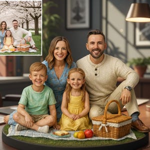 Puede incluir: Una detallada escena en miniatura representa a una familia de cinco miembros en una manta de picnic con una cesta, manzanas y sándwiches. La familia está compuesta por dos padres y tres hijos. La escena está sobre una base redonda.