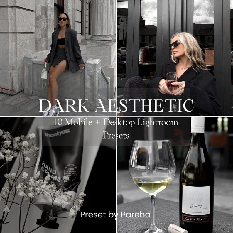 Peut inclure: Un ensemble de 10 pr&eacute;r&eacute;glages Lightroom pour mobile et ordinateur de bureau, con&ccedil;us pour cr&eacute;er une esth&eacute;tique sombre. Les pr&eacute;r&eacute;glages sont pr&eacute;sent&eacute;s dans un collage avec des images d'une femme en blazer noir, un verre de vin, une bouteille de vin et un tube de cr&egrave;me pour les mains.