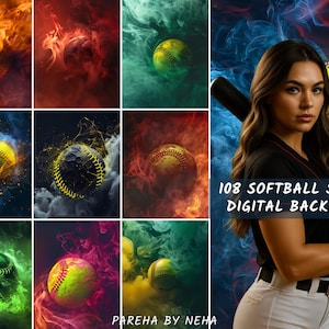 May include: A composite image featuring a collection of softball-themed digital backdrops. Each backdrop showcases a softball engulfed in colorful smoke, with a woman holding a bat. Text reads "108 SOFTBALL SMOKE DIGITAL BACKDROP".