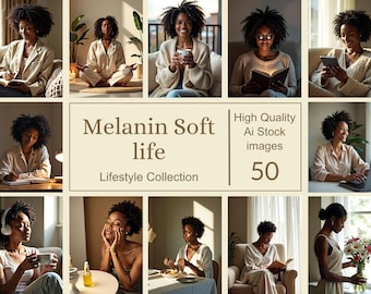 Melanin Soft Life Lifestyle Stock Images | Black Woman Luxury Wellness Aesthetic | Faceless Feminine Branding Photos for Social Media
