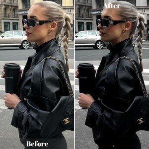 Peut inclure: Une femme portant une veste en cuir noire, des lunettes de soleil noires et un sac &agrave; cha&icirc;ne noir et or. Elle tient une tasse de caf&eacute; &agrave; emporter noire. L'image est divis&eacute;e en deux sections, la partie gauche &eacute;tant intitul&eacute;e "Avant" et la partie droite &eacute;tant intitul&eacute;e "Apr&egrave;s".