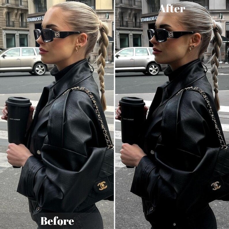 Peut inclure: Une femme portant une veste en cuir noire, des lunettes de soleil noires et un sac &agrave; cha&icirc;ne noir et or. Elle tient une tasse de caf&eacute; &agrave; emporter noire. L'image est divis&eacute;e en deux sections, la partie gauche &eacute;tant intitul&eacute;e "Avant" et la partie droite &eacute;tant intitul&eacute;e "Apr&egrave;s".