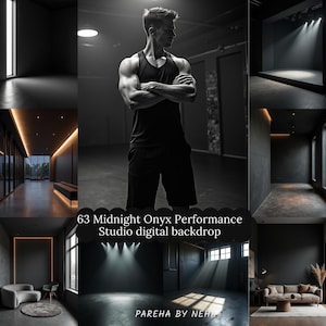 May include: A montage of dark, contemporary interior designs. The image features a person in sportswear, a stage with spotlights, and rooms with minimalist furnishings. Text reads "63 Midnight Onyx Performance Studio digital backdrop."