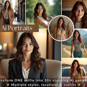 May include: A collection of images featuring a woman in different outfits and locations. The text "Ai Portraits" is visible, with the tagline "Transform ONE selfie into 30+ stunning AI portraits! Multiple styles, locations & outfits."