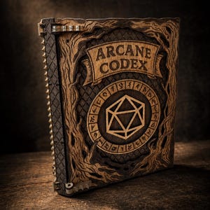 Könnte beinhalten: Ein hölzernes Buch mit dem Titel "Arcane Codex" auf dem Einband. Der Einband zeigt aufwendige baumartige Designs und eine geometrische Form in einem kreisförmigen Muster. Das Buch ist aus dunkel- und hellbraunem Holz gefertigt.