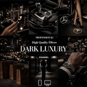 以下が含まれることがあります： ダークラグジュアリーをテーマにした画像のコラージュ。シャンパングラスを持つ人、高級時計、車の内装、ハイヒール、ショッピングバッグ、そして「DARK LUXURY」のテキストが含まれています。「CHANEL」のブランドも表示されています。