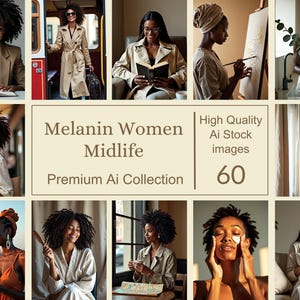 Può includere: Un collage di immagini che ritraggono donne nere di diverse età in contesti diversi. Le immagini sono disposte in una griglia con il testo "Melanin Women Midlife Premium Ai Collection 60 High Quality Ai Stock images" al centro.