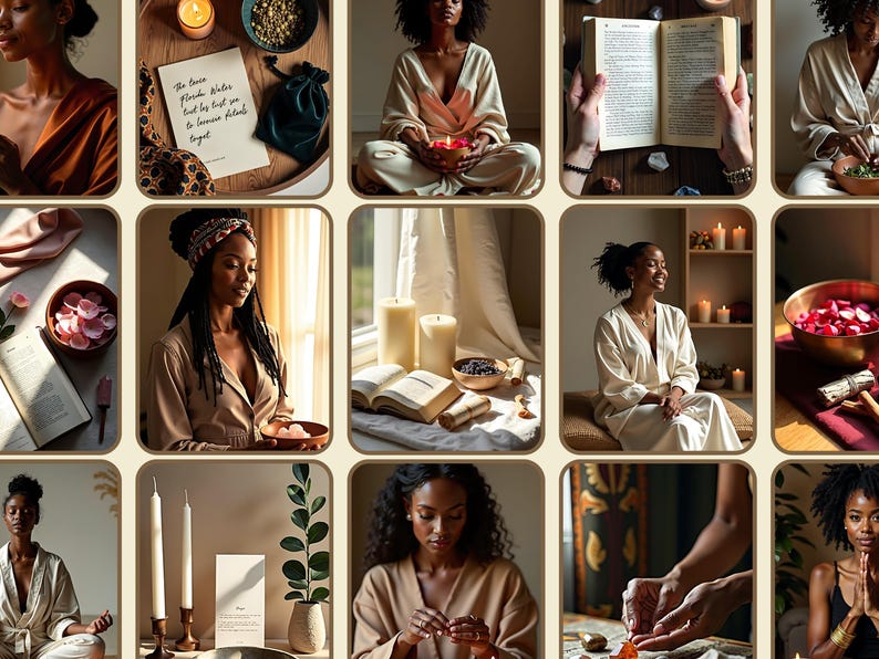 Black girl magic stock image with minimalist background and healing elements.