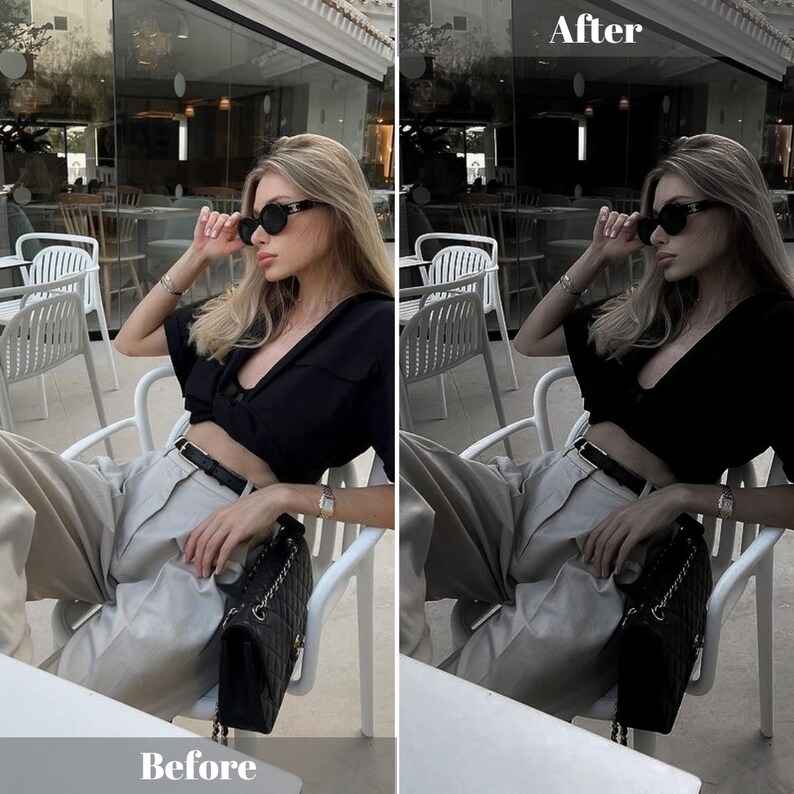 Peut inclure: Une femme portant un haut court noir, un pantalon beige et des lunettes de soleil noires est assise sur une chaise blanche. Elle tient un sac &agrave; cha&icirc;ne noir. L'arri&egrave;re-plan est un mur blanc avec une fen&ecirc;tre.