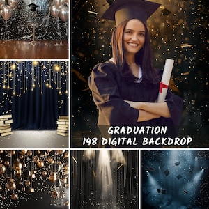 Puede incluir: Un collage de fondos digitales con temática de graduación. Las imágenes presentan a una graduada con toga y birrete, junto con varios fondos con gorras de graduación, confeti e iluminación decorativa. El texto en la imagen dice "GRADUATION 148 DIGITAL BACKDROP".