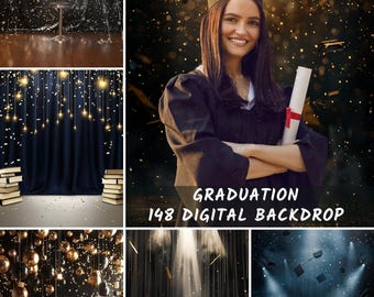 May include: A collage of digital backdrops with a graduation theme. The images feature a graduate in a cap and gown, along with various backgrounds with graduation caps, confetti, and decorative lighting. Text on the image reads "GRADUATION 148 DIGITAL BACKDROP".