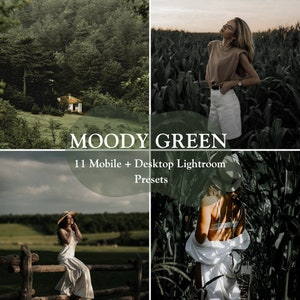 Puede incluir: Un conjunto de 11 ajustes preestablecidos de Lightroom llamados "Moody Green" para dispositivos móviles y de escritorio. Los ajustes preestablecidos están diseñados para crear una paleta de colores verde y melancólica en las fotos. La imagen muestra tres fotos editadas con los ajustes preestablecidos, que muestran a una mujer en un campo de maíz y una casa en un bosque.