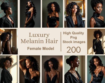 Könnte beinhalten: Eine Collage von Bildern, die schwarze Frauen mit verschiedenen Frisuren zeigen, darunter langes, lockiges und glattes Haar. Der Text "Luxury Melanin Hair Female Model" und "High Quality Png Stock Images 200" ist auf der Collage zu sehen.