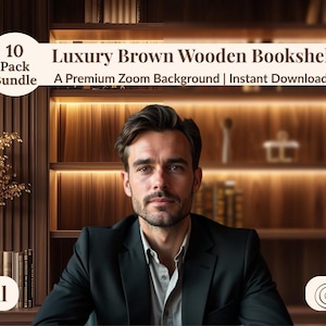 Puede incluir: Un hombre con un traje negro está sentado frente a una estantería de madera marrón. La imagen incluye el texto "Luxury Brown Wooden Bookshelf" y "A Premium Zoom Background | Instant Download". Una planta dorada está en un jarrón.