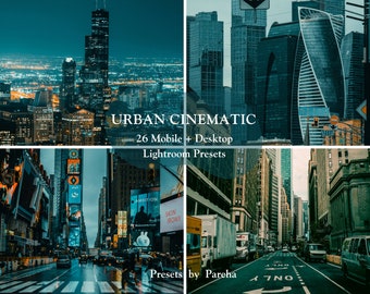 May include: A collage of cityscapes at night with tall buildings and street lights. The text "URBAN CINEMATIC 26 Mobile + Desktop Lightroom Presets Presets by Pareha" is displayed on the image.