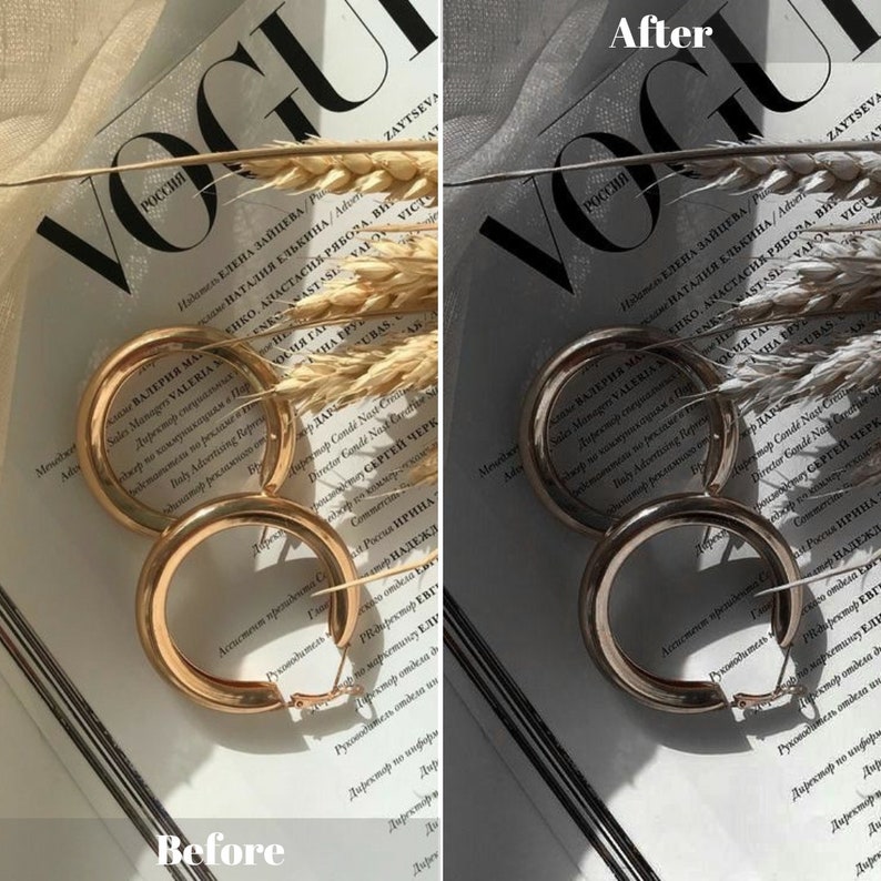 Peut inclure: Une paire de cr&eacute;oles dor&eacute;es sur un magazine avec le mot "Vogue" imprim&eacute; sur la couverture. Le magazine est ouvert &agrave; une page avec du texte en russe.