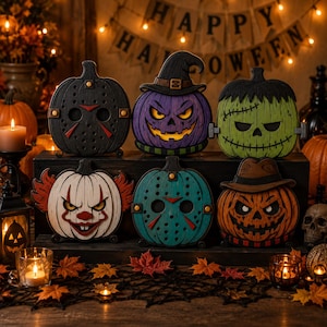 Puede incluir: Un conjunto de seis calabazas decorativas de madera con diseños de terror, que incluyen una máscara de hockey, un sombrero de bruja, un monstruo de Frankenstein, un payaso, una máscara de hockey turquesa y una calabaza con fedora.