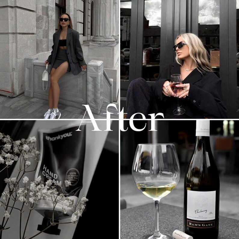 Peut inclure: Un collage de trois images. La premi&egrave;re image montre une personne portant un blazer et une jupe gris assis sur un escalier en pierre. La deuxi&egrave;me image montre une personne portant un blazer noir et un pantalon tenant un verre de vin. La troisi&egrave;me image montre une bouteille de vin blanc, un verre de vin blanc et un tube de cr&egrave;me pour les mains.