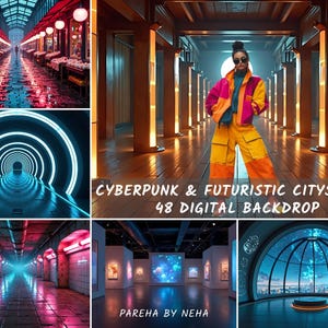 48 Cyberpunk Cityscape Digital Backdrop | Futuristic Neon Urban Backgrounds for Portraits, Cosplay, Fashion & Sci-Fi Concept Photography