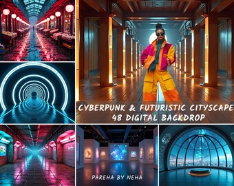 May include: A digital art collage featuring cyberpunk and futuristic cityscapes. The image includes various scenes: a neon-lit tunnel, a marketplace with red lanterns, and a person in colorful clothing. Text reads "CYBERPUNK & FUTURISTIC CITYSCAPES 48 DIGITAL BACKDROP".