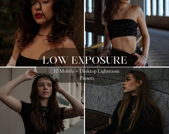 May include: A set of 10 mobile and desktop Lightroom presets for editing photos with a low exposure aesthetic. The presets are designed to create a moody and atmospheric look. The text "LOW EXPOSURE" is displayed in a white font on a black background. The text "10 Mobile + Desktop Lightroom Presets" is displayed in a white font on a black background. The text "Preset by Pareha" is displayed in a white font on a black background.