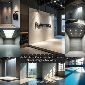 Puede incluir: Un telón de fondo digital que presenta un estudio de hormigón minimalista. La imagen muestra varios ángulos del estudio, incluida una pared con la palabra "Performance" y una habitación con una ventana grande. El telón de fondo está diseñado para uso digital.